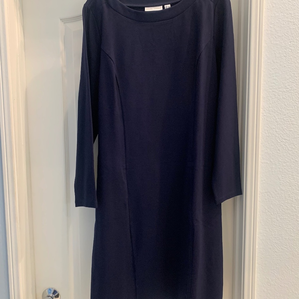 NWOT Susan Graver Navy Blue Boatneck Long Sleeve Midi Dress, Size L